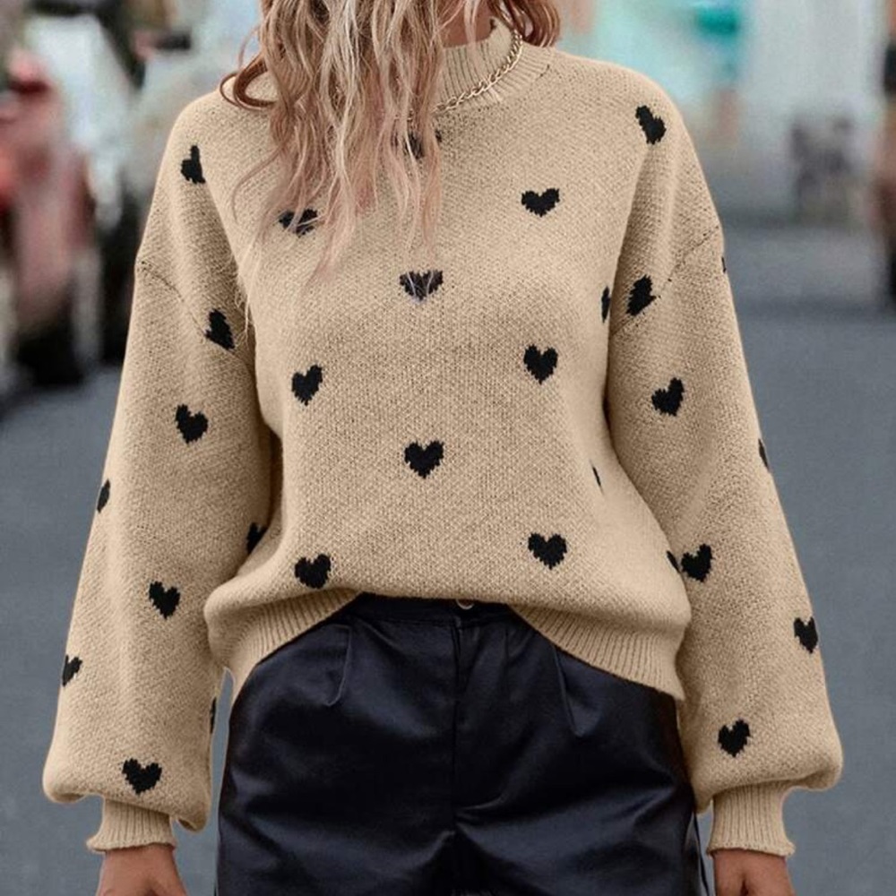 SHEIN Beige Sweater with Black Heart Print